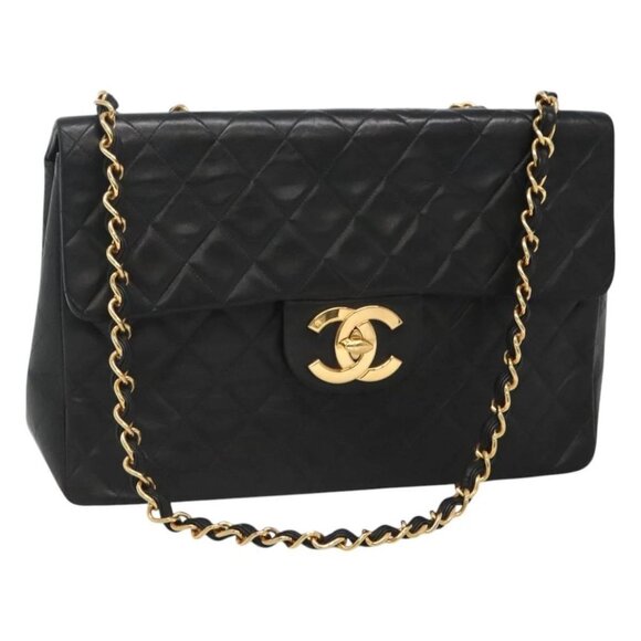CHANEL Big Matelasse 34 Single Flap Chain Bag Lamb Skin Black CC Auth nb349AM - Picture 1 of 16